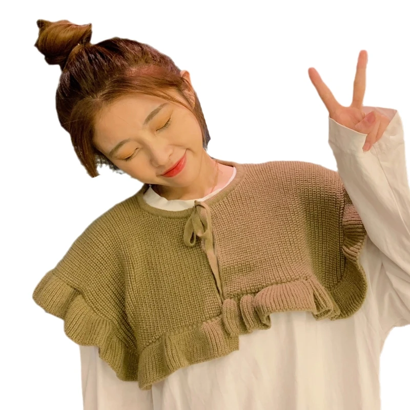Корейский женский зимний свитер шаль однотонный вязаный крючком шарф на