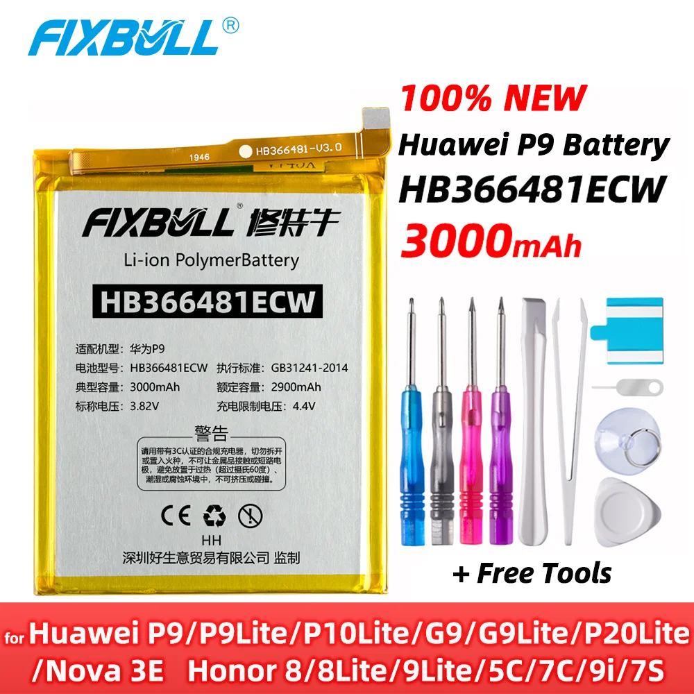 FIXBULL Orginal HB366481ECW Mobile Phone Battery For Huawei P9 G9 P10 P20 Lite Honor 8 5C 7C 7S 9i Honor 8 9 Lite 3000mAh +Tools
FIXBULL Orginal HB366481ECW Mobile Phone Battery For Huawei P9 G9 P10 P20 Lite Honor 8 5C 7C 7S 9i Honor 8 9 Lite 3000mAh +Tools
