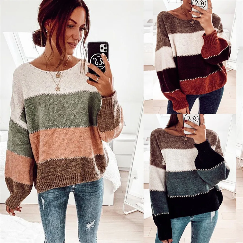 

Womens Sweaters Contrast Color Striped Printed Panelled Sweater Pullover Long Sleeve Crew Neck Knitted Tops
