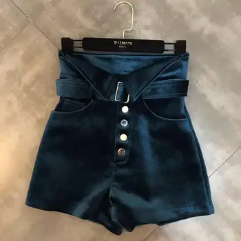 Autumn Winter Vintage Short Feminino 2019 Women High Waist Single-breasted Velvet Short Blue/Black 
Autumn Winter Vintage Short Feminino 2019 Women High Waist Single-breasted Velvet Short Blue/Black