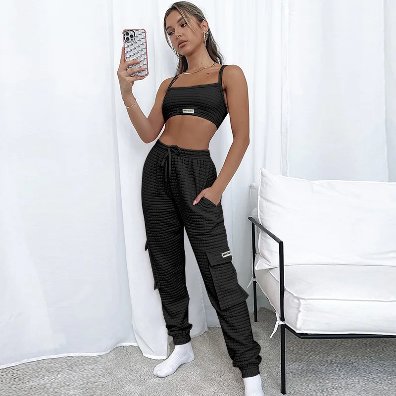 2021 Autumn New Girls' Fashion Casual Exercise Two-Piece Solid Color Cropped Tank Top Ankle-Tied Pants Suit For Women 
2021 Autumn New Girls' Fashion Casual Exercise Two-Piece Solid Color Cropped Tank Top Ankle-Tied Pants Suit For Women