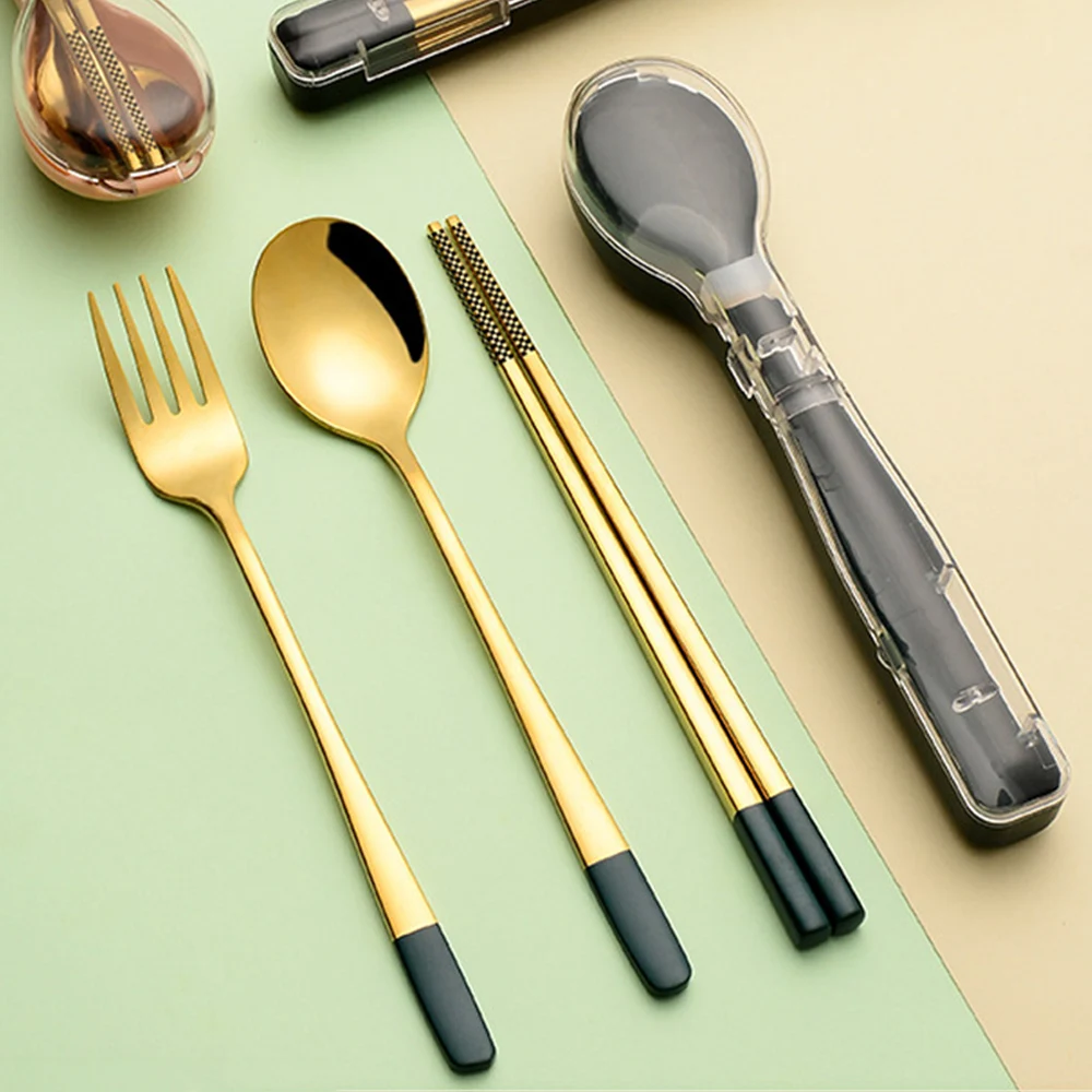 

Stainless Steel Dinnerware Set Flatware Kitchen Tool Camping Travel Sets Chopsticks Fork Spoon Cutlery Sets With Case Tableware