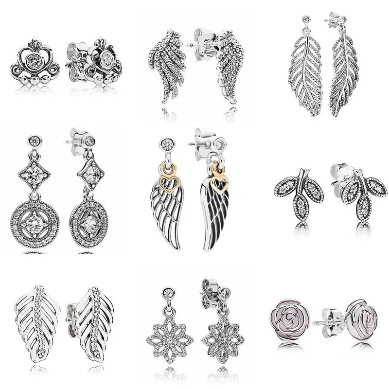 

Sparkling Statement Majestic Feathers Leaves Allure 925 Sterling Silver Earring Studs For Women Wedding Gift Europe DIY Jewelry