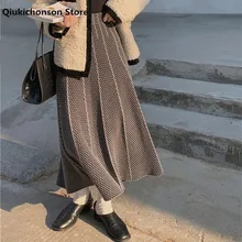 

Qiukichonson Autumn Winter Knit Skirt Women Retro Elastic High Waisted A-Line Rhombus Jacquard Midi Long Skirts Knitted Jupe