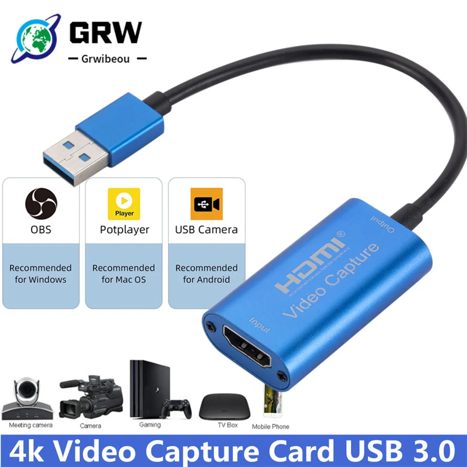 

GRWIBEOU Video Capture Card USB 3.0 4K HDMI-compatible Video Game Grabber Record for PS4 Camcorder Switch Live Broadcast Camera