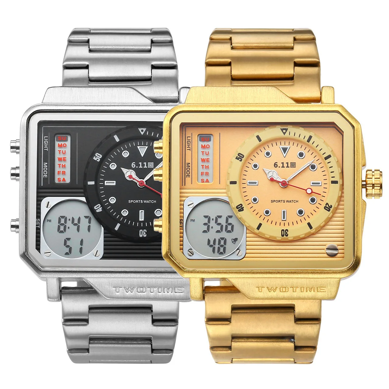 Export 611 Date Seconds Multi-functional Dual Display Electronic Watch Steel Belt