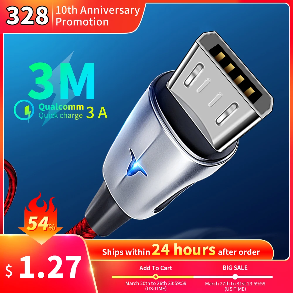 3M Micro USB Cable Android Fast Charging Wire Data Cable For Samsung J7 Xiaomi Huawei Phone 3A Fast Charging Micro Charger Cable
3M Micro USB Cable Android Fast Charging Wire Data Cable For Samsung J7 Xiaomi Huawei Phone 3A Fast Charging Micro Charger Cable
