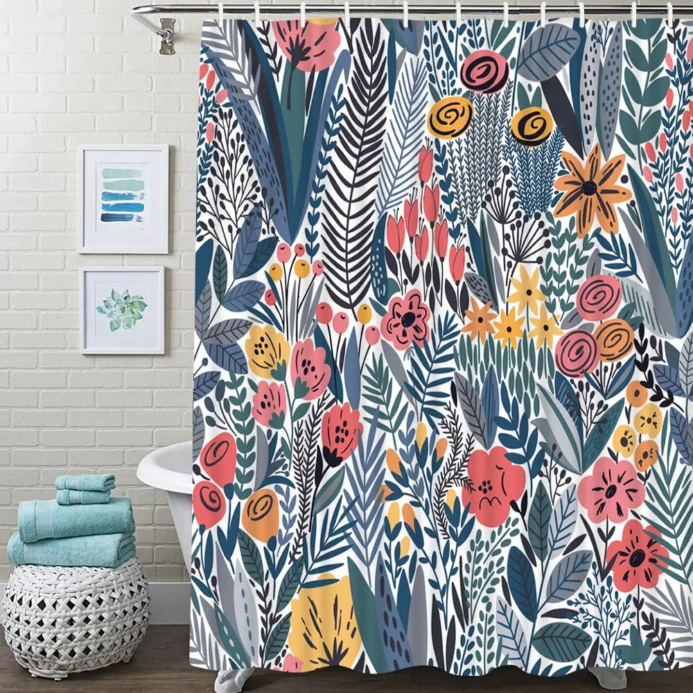 

Abstract Floral Shower Curtain Bathroom Tropical Green Leaves Bath Shower Curtains With Hooks Waterproof Fabric Bathroom Curtain