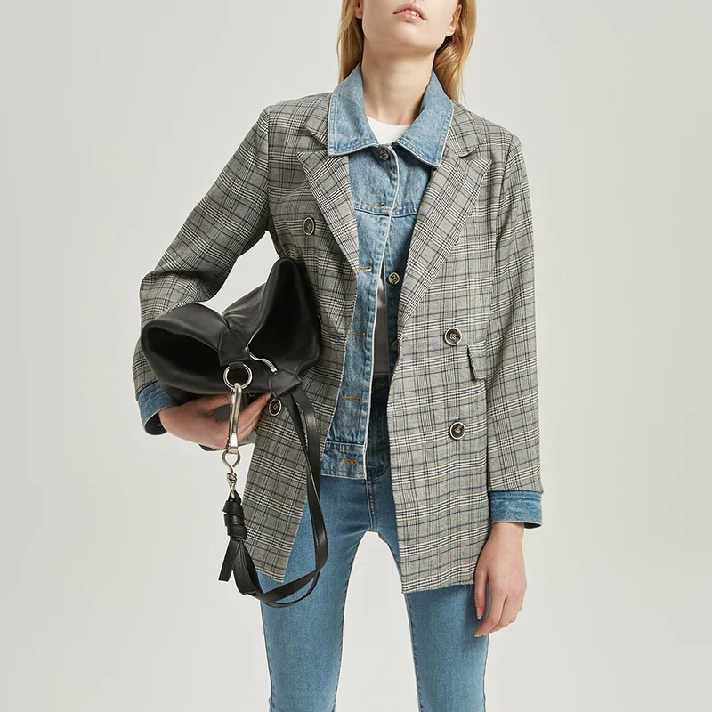 TWOTWINSTYLE Plaid Patchwork Denim Women's Jacket Lapel Collar Long Sleeve Korean Female Jacket Coats 2019 Autumn Fashion New (2).jpg
