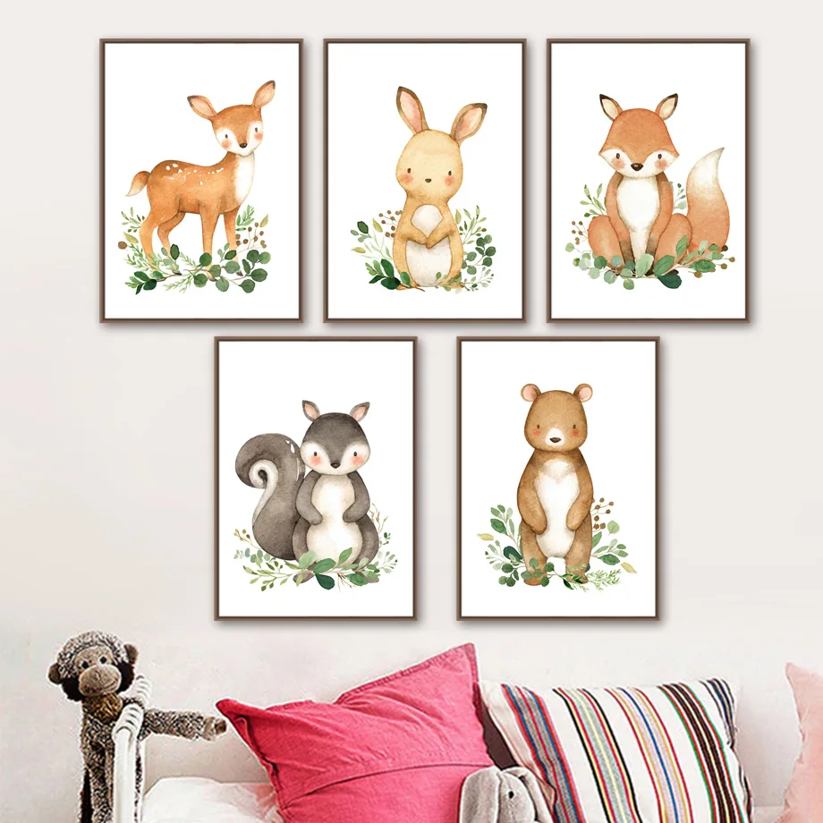 

Cartoon Deer Rabbit Fox Squirrel Bear Nursery Wall Art Canvas Painting Nordic Posters And Prints Wall Pictures Kids Room Decor