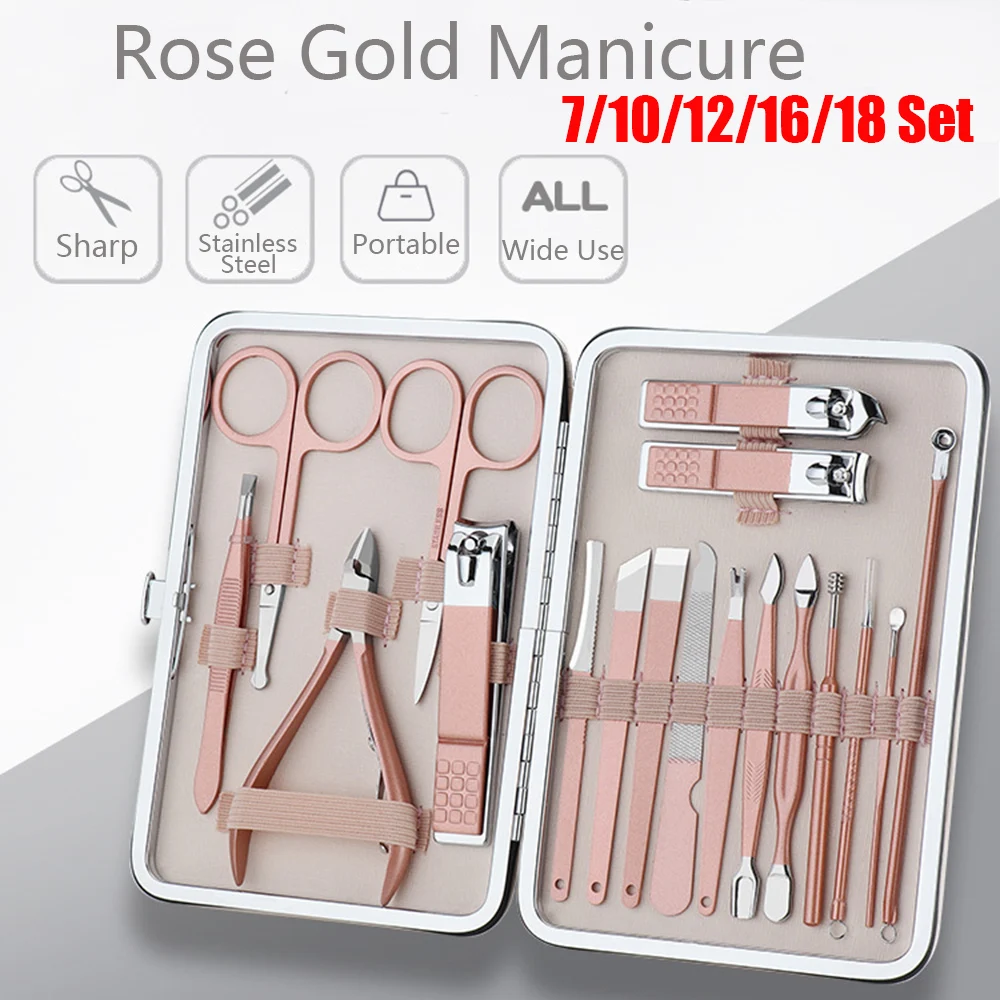 7/10/12/16/18 Pcs Rose Gold Stainless Steel Manicure Nail Clipper Cutter Trimmer Ear Pick Grooming Kit Pedicure Scissor Tool
7/10/12/16/18 Pcs Rose Gold Stainless Steel Manicure Nail Clipper Cutter Trimmer Ear Pick Grooming Kit Pedicure Scissor Tool