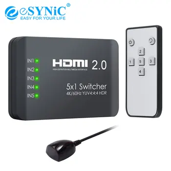 eSYNiC HDMI 2.0 Switch 5 Port HDMI Switcher 5 In 1 Out with IR Remote Support 4K/60Hz YUV 4:4:4 HDR For Blu-ray Xbox One X PS4
eSYNiC HDMI 2.0 Switch 5 Port HDMI Switcher 5 In 1 Out with IR Remote Support 4K/60Hz YUV 4:4:4 HDR For Blu-ray Xbox One X PS4