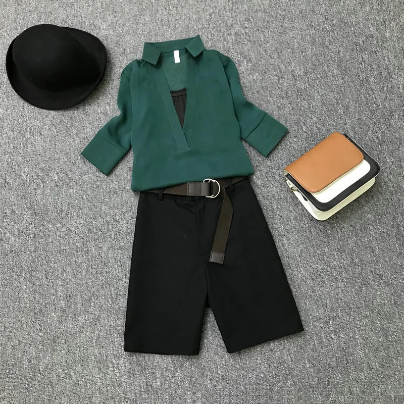 New 2020 Summer Women Sets  2 Pieces Sets V neck Short Sleeve Chiffon Shirt + Sashes Shorts Cute Mini Pant Set Vintage Suit