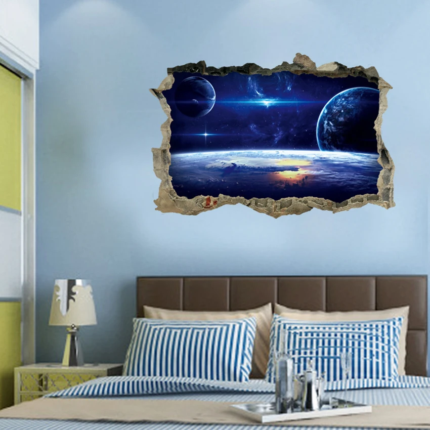 Фото Креативные 3D синие настенные наклейки съемные PV на стену с изображением космоса