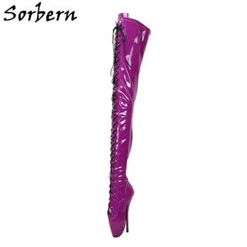 

Sorbern Purple Patent Crotch Thigh High Boots Women 18Cm Ballet Stilettos Lace Up Custom Wide Fit Unisex Shoes Bdsm Drag Queen