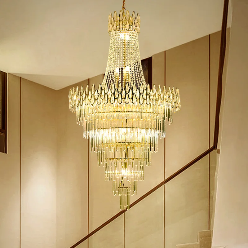 

Luxury modern crystal chandelier for staircase large loft hanging light fixture gold home decor cristal lamp living room lustre