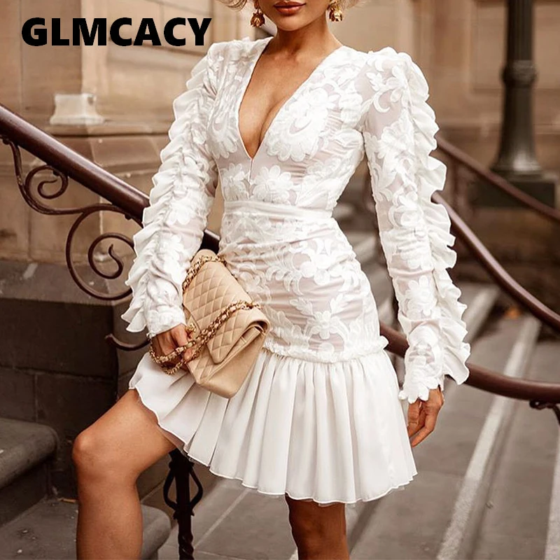 Women Sexy V Neck Sweet Ruffles Mini Dress White Lace Insert Short Dresses Elegant Holiday Boho Party Vestidos
Women Sexy V Neck Sweet Ruffles Mini Dress White Lace Insert Short Dresses Elegant Holiday Boho Party Vestidos
