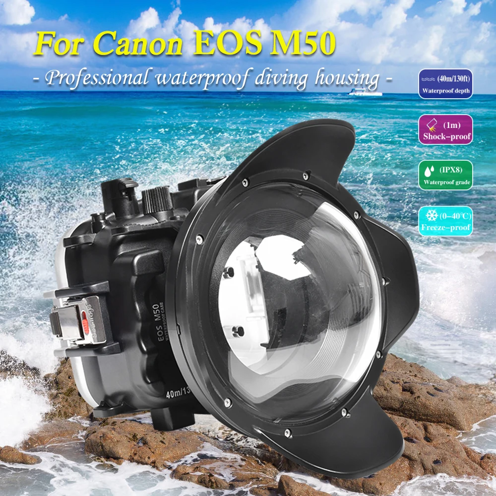 For Canon EOS M50 / EOS Kiss M Underwater Camera Case cover Housing with 15-45mm/11-22mm (22mm) flat port & 6" Dry Dome Port
For Canon EOS M50 / EOS Kiss M Underwater Camera Case cover Housing with 15-45mm/11-22mm (22mm) flat port & 6" Dry Dome Port