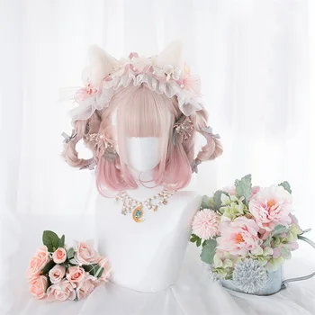 

CosplayMix 30CM+50CM Lolita Mixed Pink Ombre Bob Wavy Bangs Long Short Synthetic Hair Cosplay Wig Ponytails+Cap