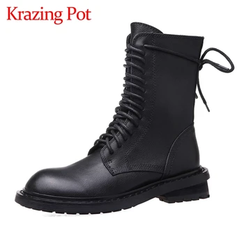 Krazing pot limited customization large size natural leather round toe med heel lace up winter shoes women mid-calf boots L90 
Krazing pot limited customization large size natural leather round toe med heel lace up winter shoes women mid-calf boots L90