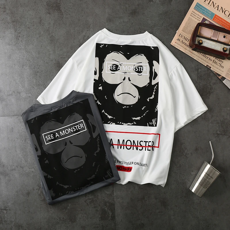 Summer Funny Cartoon Animal Monkey Head Print T-shirt Hip Hop Short-Sleeved Male Clothes Loose Trend Hong Kong Style Streetwear
Summer Funny Cartoon Animal Monkey Head Print T-shirt Hip Hop Short-Sleeved Male Clothes Loose Trend Hong Kong Style Streetwear