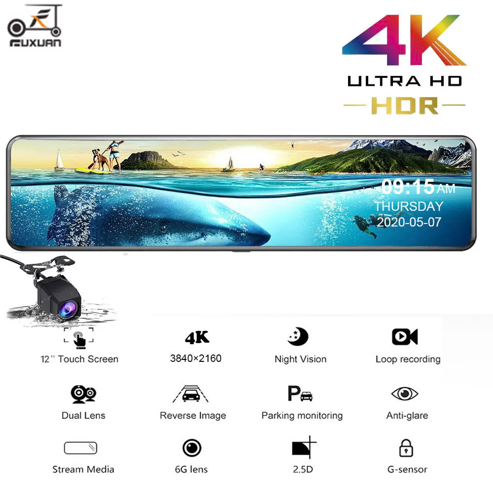 Автомобильный видеорегистратор Sony IMX415 зеркало заднего вида 12 дюймов 4K FHD 1080P