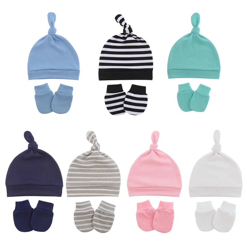 

Baby Anti-scratching Gloves Knotted Hat Set Newborn Mittens Warm Beanie Cap Kit Infants Shower Gifts G99C