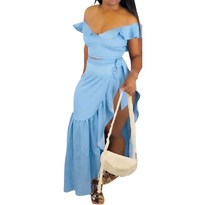 Summer Women Blue Two Piece Set Crop Tops Side Split Skirt Ruffled Outfits Off The Shoulder Sexy Sets
Summer Women Blue Two Piece Set Crop Tops Side Split Skirt Ruffled Outfits Off The Shoulder Sexy Sets