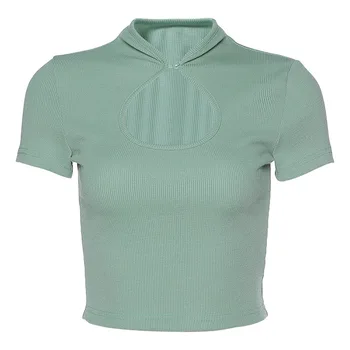 2020 Summer women's short-sleeved one-button round neck hollow solid color T-shirt
2020 Summer women's short-sleeved one-button round neck hollow solid color T-shirt