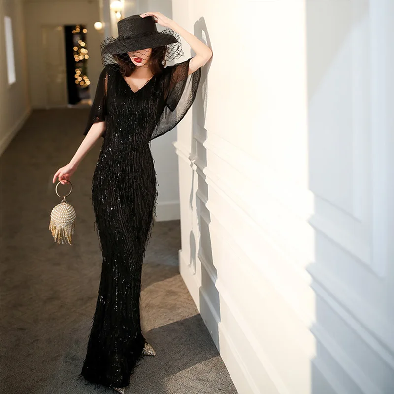 Women Sexy Black Banquet Dresses Exquisite Sequins Mermaid Evening Party Dress Tassel Floor Length Qipao Robe De Soiree
Women Sexy Black Banquet Dresses Exquisite Sequins Mermaid Evening Party Dress Tassel Floor Length Qipao Robe De Soiree