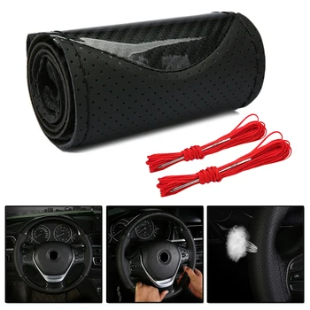 New Arrival High Quality Black 15"/38cm DIY Carbon Leather Car Steering Wheel Cover With Needles&Thread