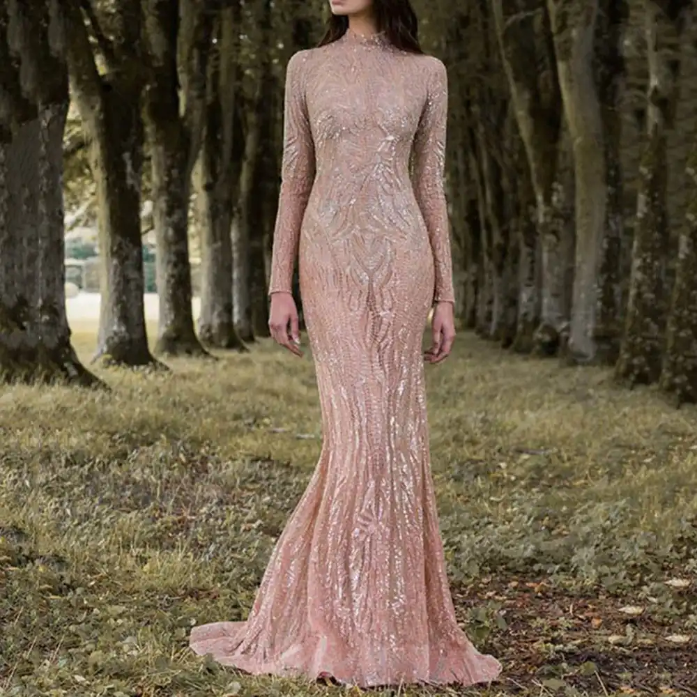 neck pink elegant evening dress long sleeves mermaid sequins