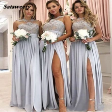 

New A-line Bridesmaid Dresses Plus Size Cheap Appliqued Formal Party Gown Sexy Silver High Slit Wedding Guest Dresses Custom