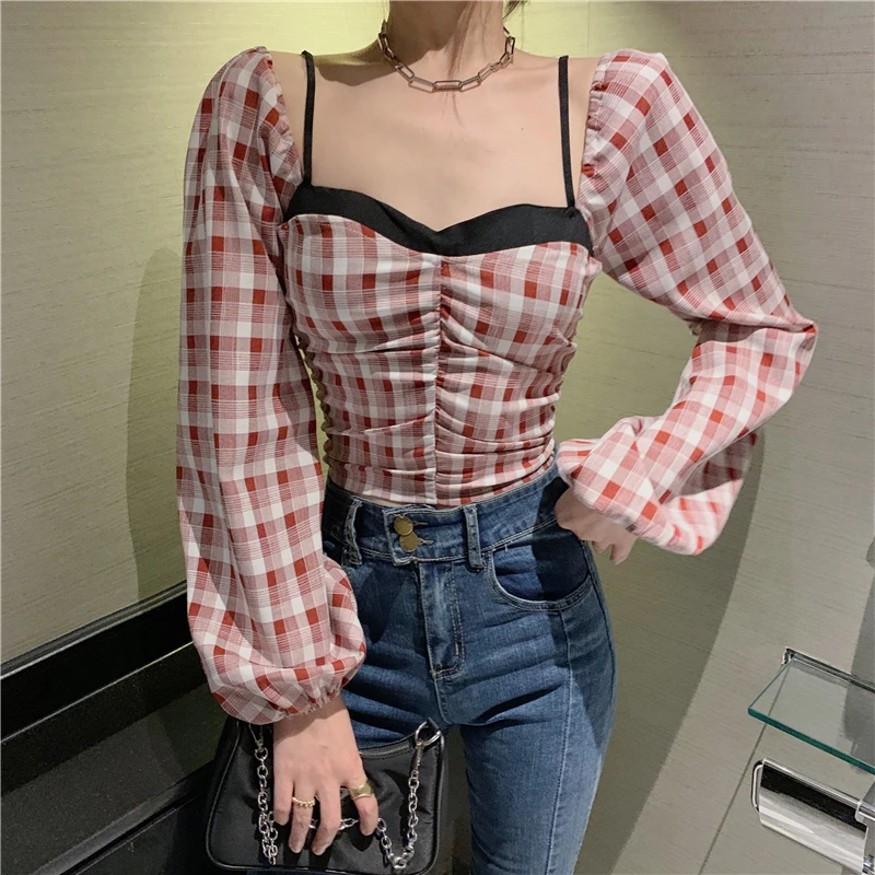 Spring Autumn Women's Retro Square Collar Color Matching Plaid Short Long Sleeve Shirt Slim Waist Top
Spring Autumn Women's Retro Square Collar Color Matching Plaid Short Long Sleeve Shirt Slim Waist Top