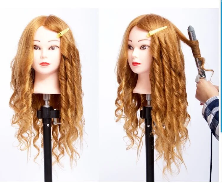 

100% натуральные волосы Парикмахерская тренировочная голова манекен Золотой 20 дюймов голова манекена может быть вьющейся с макияжем