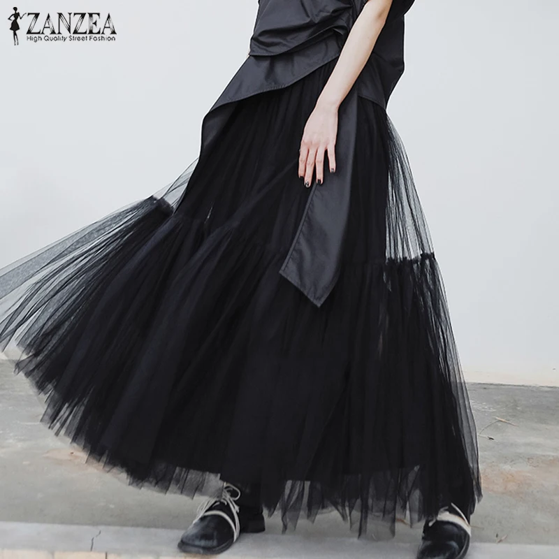 ZANZEA Women High Waist Casual Long Maxi Skirts Mesh Summer Holiday Skirts Plus