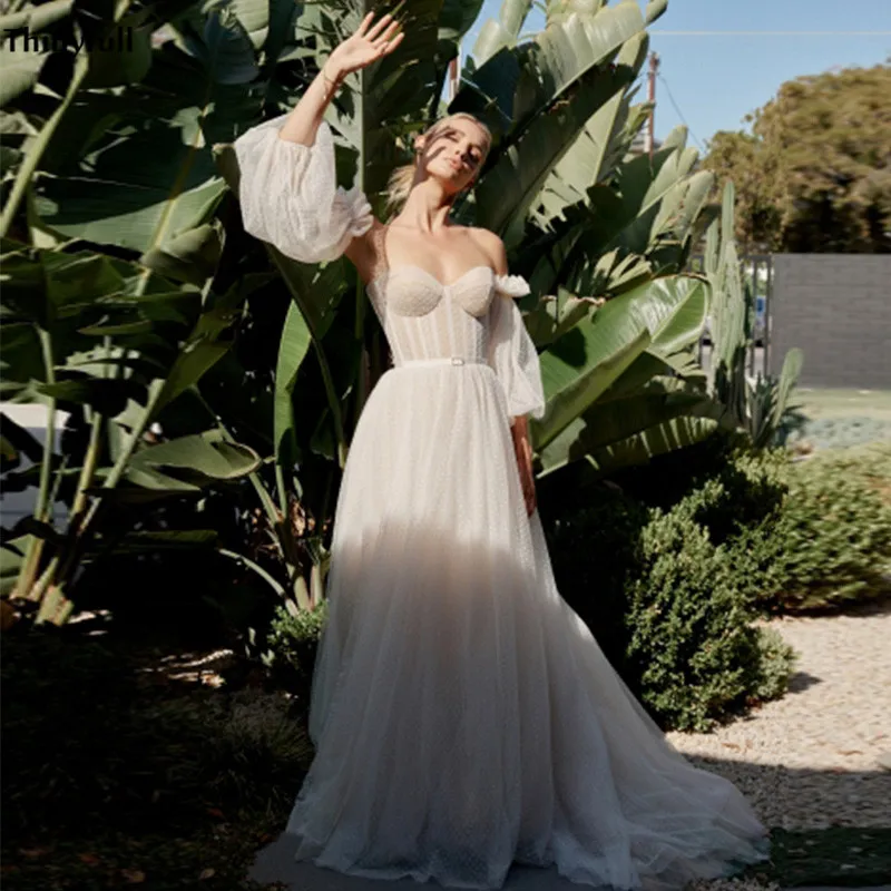 

Thinyfull Champagne Tulle Wedding Dresses With Detachable Sleeves A-Line Sweetheart Country BohemianWedding Gowns Robe De Mariee