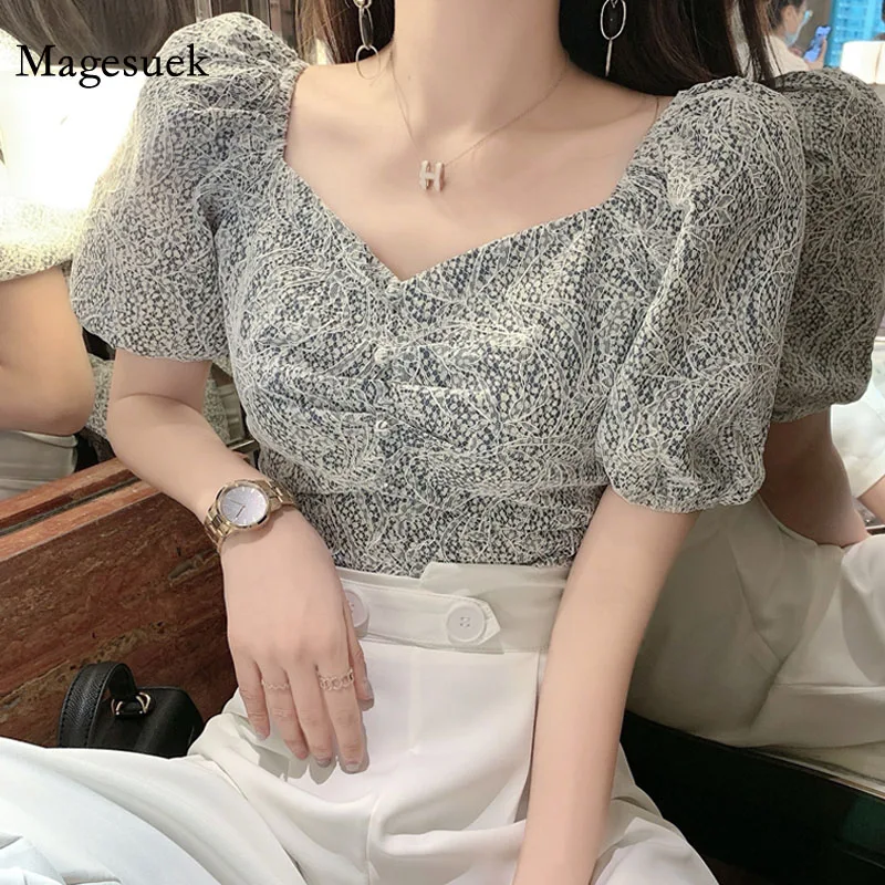 

Summer Lace Bandage Short Tops 2021 Puff Sleeve Hollow New Women Shirt for Women Vintage Print Square Collar Blouse Blusa 14429