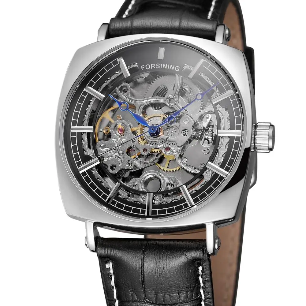 FORSINING Fashion casual men's silver quadrilateral case blue hands black dial and leather strap automatic mechanical watch
FORSINING Fashion casual men's silver quadrilateral case blue hands black dial and leather strap automatic mechanical watch