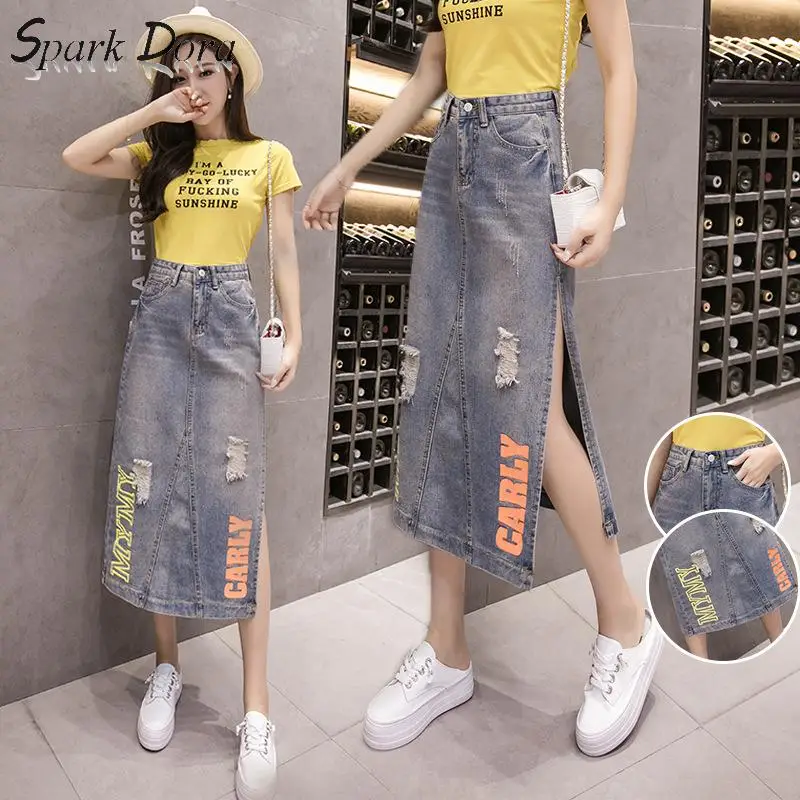 SparkDora 2020 Spring And Autumn New Ripped Denim Skirt Mid Length Korean High Waist Color Letter Split Denim Skirt
SparkDora 2020 Spring And Autumn New Ripped Denim Skirt Mid Length Korean High Waist Color Letter Split Denim Skirt