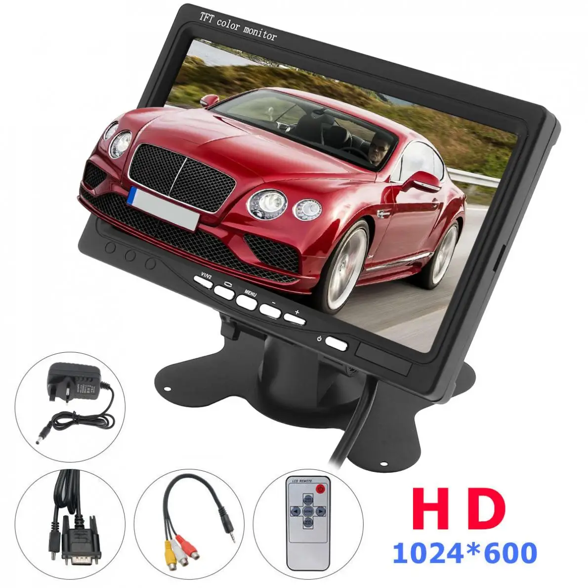 7-дюймовый HD 1024x600 TFT LCD Автомобильный монитор заднего вида с 2 видеовходами DVD VCD для