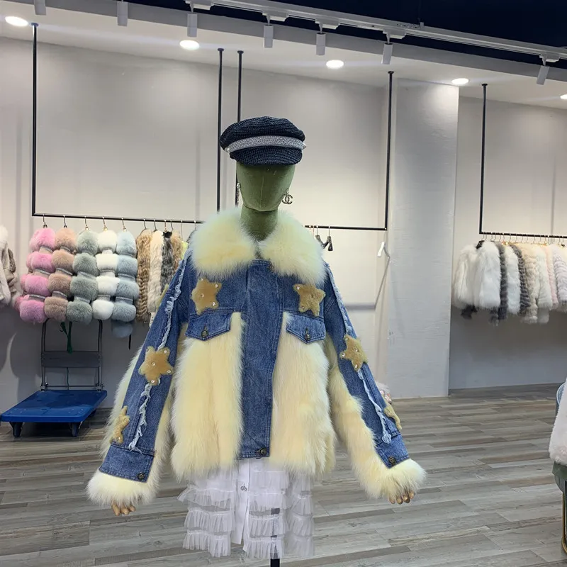 denim jacket with fur real fox fur star (1)
