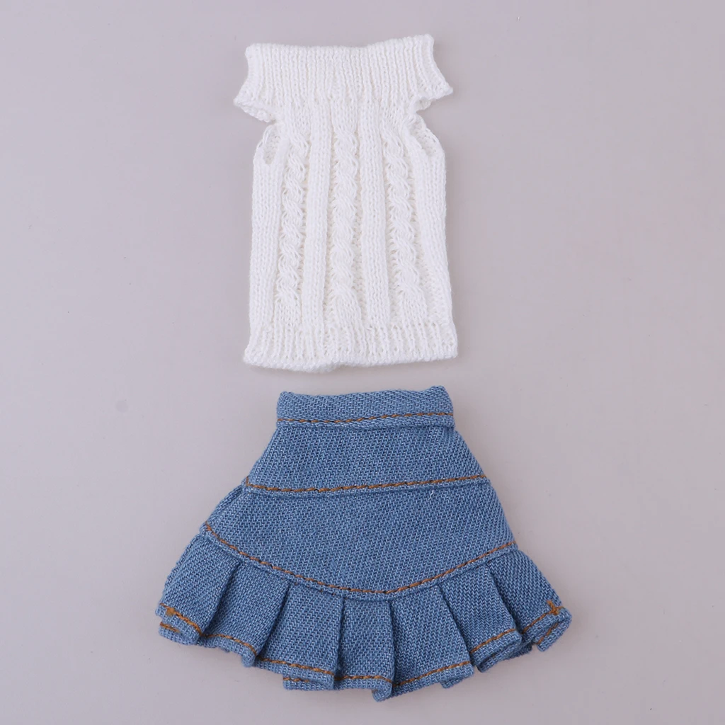 Stylish 2pcs Clothes Suit for 1/6 Blythe Licca OB Girl My Life Dolls Knit Sweater Denim Skirt White & Blue Stylish 2pcs Clothes Suit for 1/6 Blythe Licca OB Girl My Life Dolls Knit Sweater Denim Skirt White & Blue