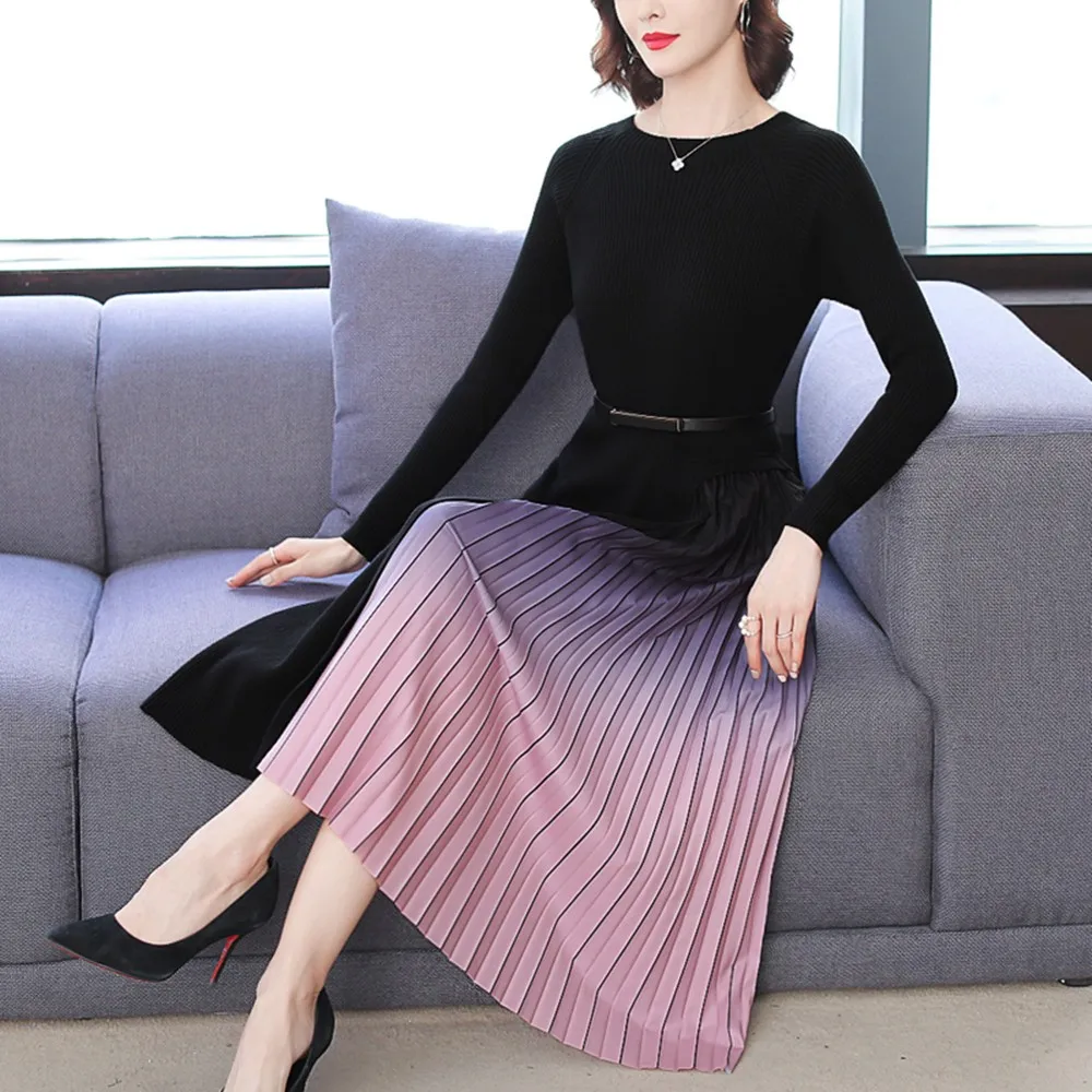 One Piece High Quality Women Knitted Dresses Fashion Color Gradient Pleated Dresses Office Ladies Autumn Winter Sweater Dresss
One Piece High Quality Women Knitted Dresses Fashion Color Gradient Pleated Dresses Office Ladies Autumn Winter Sweater Dresss