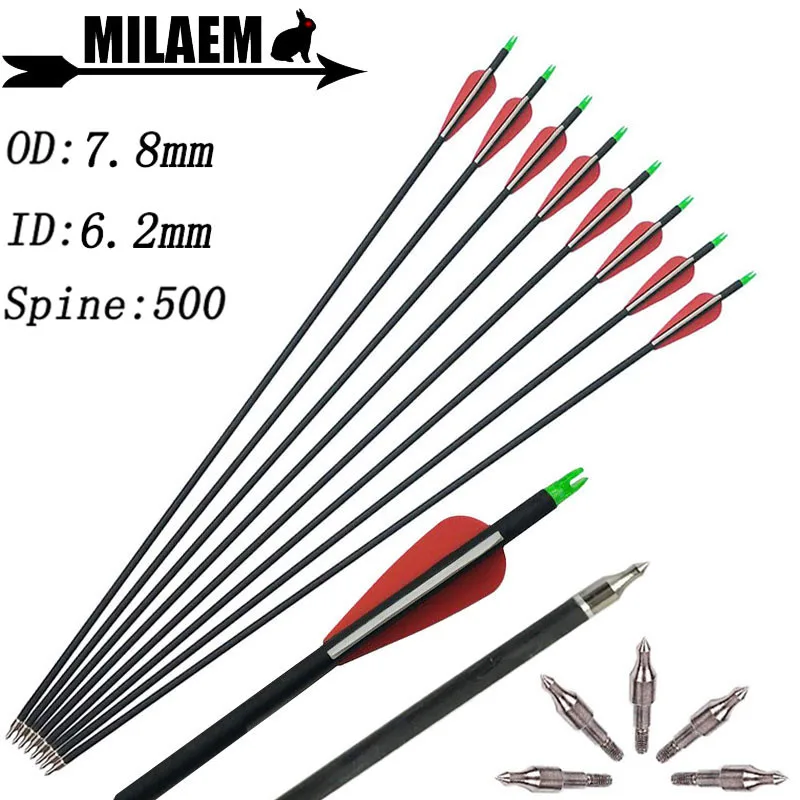 31.5Inch Archery Carbon Arrow Spine 500 OD7.8mm ID6.2mm Target Replace Tips Recurve Compound Shooting Hunting Accessories | Спорт и