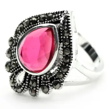 

wholesale good 25*20mm FACETED PINK RUBY DROP GEMS MARCASITE 925 SILVER RING SZ 7/8/9/10 Fine man's jewelry Genuine Wedding