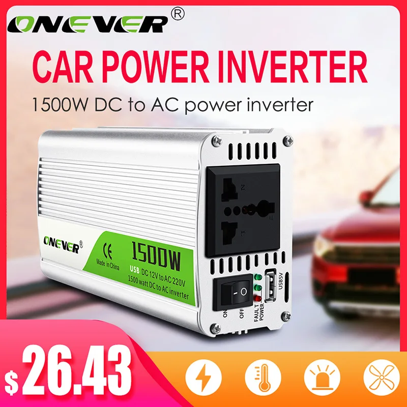 Onever DC 12V to AC 220V Portable 1500W Car Power Inverter Voltage Transformer Adapter Converter with Cigarette Lighter Outlet
Onever DC 12V to AC 220V Portable 1500W Car Power Inverter Voltage Transformer Adapter Converter with Cigarette Lighter Outlet