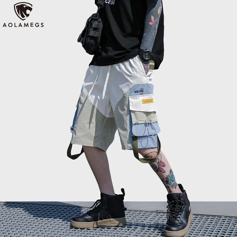 

Aolamegs Casual Shorts Men Summer Cargo Sweatshorts Hit Color Cozy Streetwear Polyester Hip Hop Fashion Pockets Short Pants Male