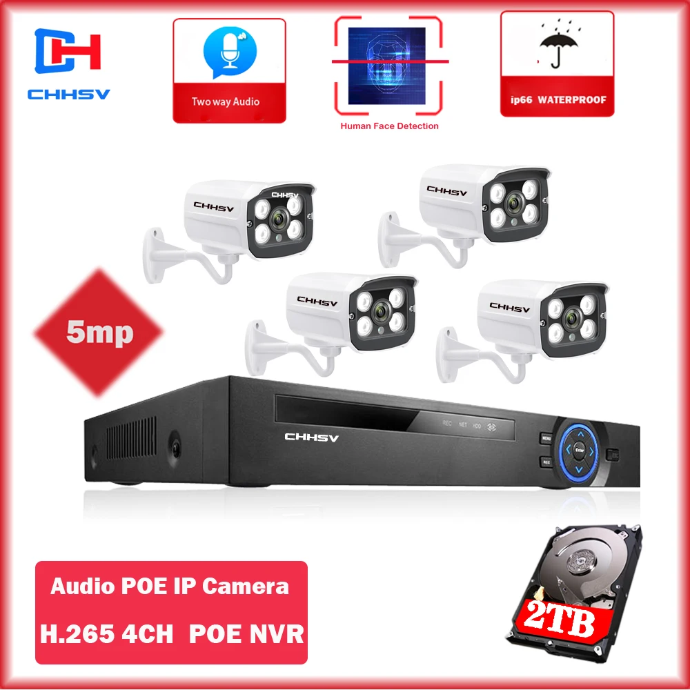 H.265 4CH 5MP POE Security Camera System Kit 4PCS 5MP HD POE IP Camera Outdoor Waterproof CCTV Video Surveillance Audio NVR 2TB
H.265 4CH 5MP POE Security Camera System Kit 4PCS 5MP HD POE IP Camera Outdoor Waterproof CCTV Video Surveillance Audio NVR 2TB