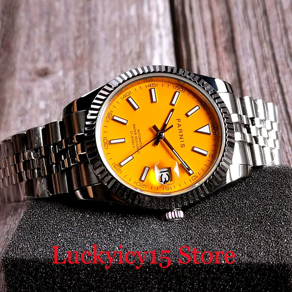 

PARNIS Top Brand Orange Dial Mechanical Men Watch Jubilee Bracelet Sapphire Glass Date Screw Crown 21 Jewels MIYOTA 8215